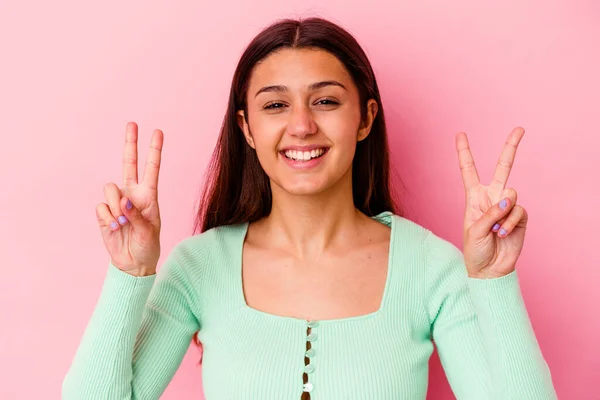 Young Indian Woman Isolated Pink Background Showing Victory Sign Smiling — Stock Photo, Image