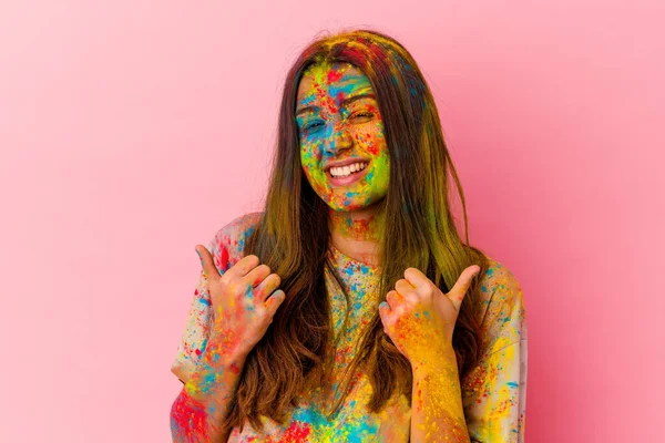 Jovem Indiana Mulher Celebrando Santo Festival Isolado Branco Fundo Levantando — Fotografia de Stock