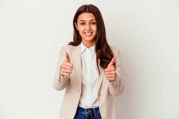 Young Indian business woman isolated on white background with thumbs ups, cheers about something, support and respect concept.