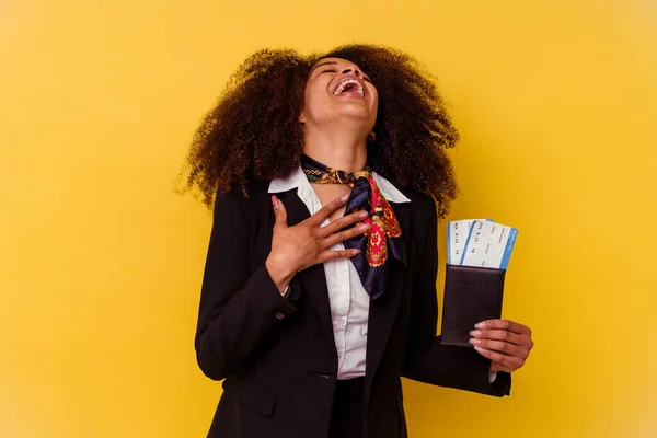 Young African American Air Hostess Holding Plane Tickets Isolated Yellow — Stock Photo, Image