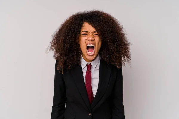 Mladá Africká Americká Obchodní Žena Obleku Izolované Bílém Pozadí Křičí — Stock fotografie