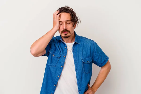 Young Caucasian Man Isolated White Background Tired Very Sleepy Keeping — Stock Photo, Image