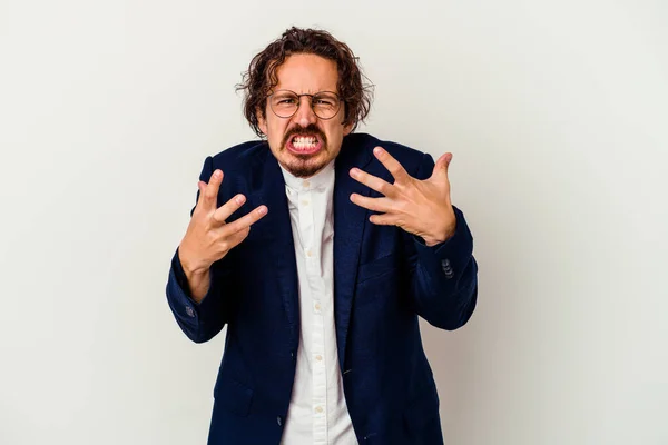 Young Business Man Isolated White Background Upset Screaming Tense Hands — Stock Photo, Image