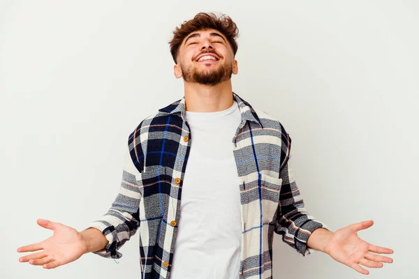 Young Moroccan Man Isolated White Background Relaxed Happy Laughing Neck — Stock Photo, Image