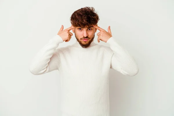 Young Moroccan Man Isolated White Background Focused Task Keeping Forefingers — Stock Photo, Image