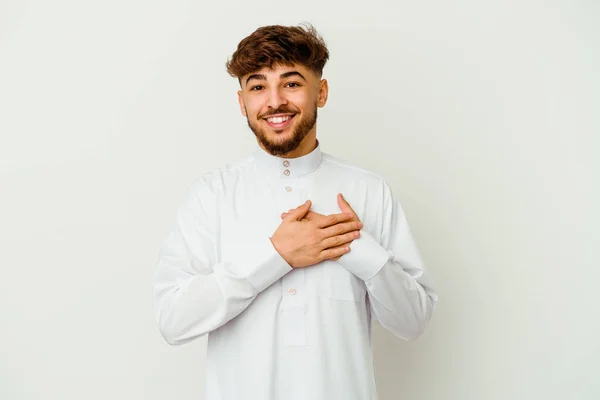 Mladý Marocký Muž Typických Arabských Šatech Izolovaných Bílém Pozadí Přátelský — Stock fotografie