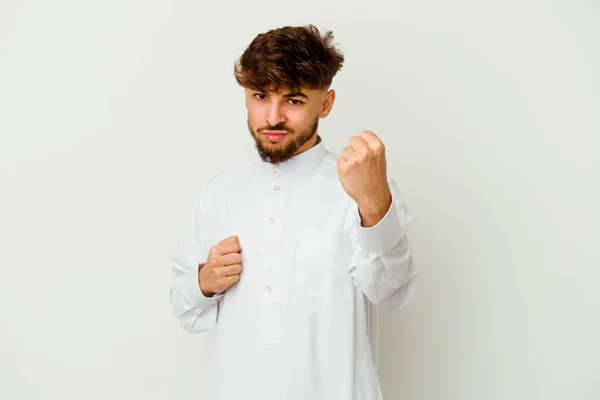 Jonge Marokkaanse Man Draagt Een Typische Arabische Kleding Geïsoleerd Witte — Stockfoto