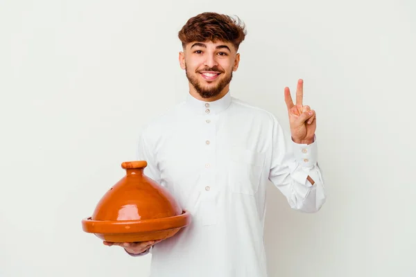 Giovane Marocchino Che Indossa Tipico Costume Arabo Con Tajine Isolato — Foto Stock