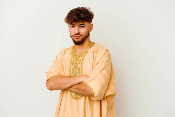 Jeune Homme Marocain Isolé Sur Fond Blanc Suspicieux Incertain Vous — Photo