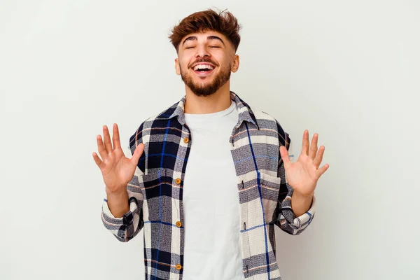 Young Moroccan Man Isolated White Background Laughs Out Loudly Keeping — Stock Photo, Image