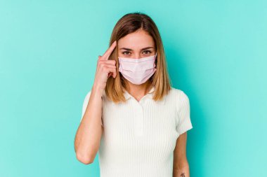Mavi arka planda izole edilmiş virüs maskesi takan genç bir kadın şakağı parmağıyla işaret ediyor, düşünüyor ve bir göreve odaklanıyor..
