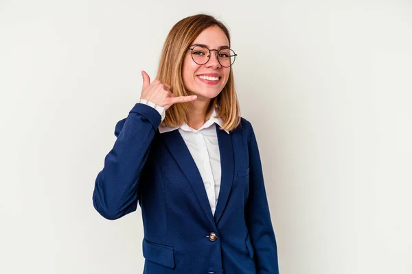 Νεαρή Γυναίκα Καυκάσιος Επιχειρηματίας Απομονωμένη Λευκό Φόντο Που Δείχνει Χειρονομία — Φωτογραφία Αρχείου