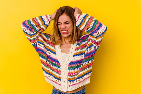 Young Caucasian Skinny Woman Isolated Yellow Background Covering Ears Hands — Stock Photo, Image