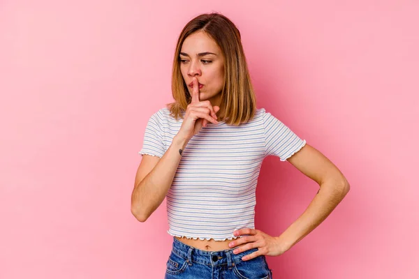 Young Caucasian Woman Isolated Pink Background Keeping Secret Asking Silence — Stock Photo, Image