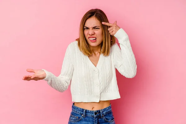 Giovane Donna Caucasica Isolata Sfondo Rosa Mostrando Gesto Delusione Con — Foto Stock