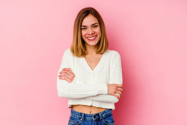 Jonge Blanke Vrouw Geïsoleerd Roze Achtergrond Die Zich Zelfverzekerd Voelt — Stockfoto