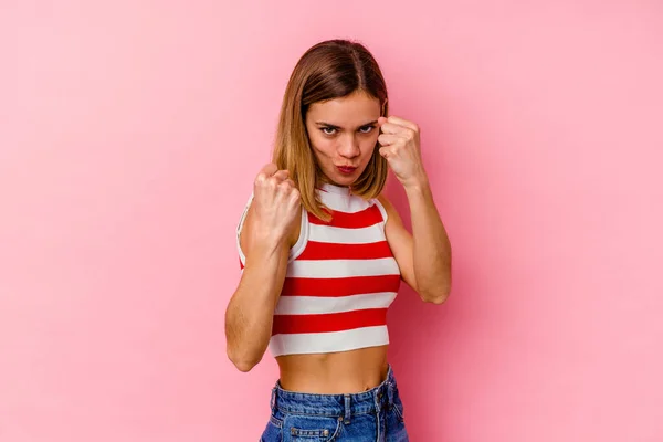 Young Caucasian Woman Isolated Pink Background Throwing Punch Anger Fighting — Stock Photo, Image