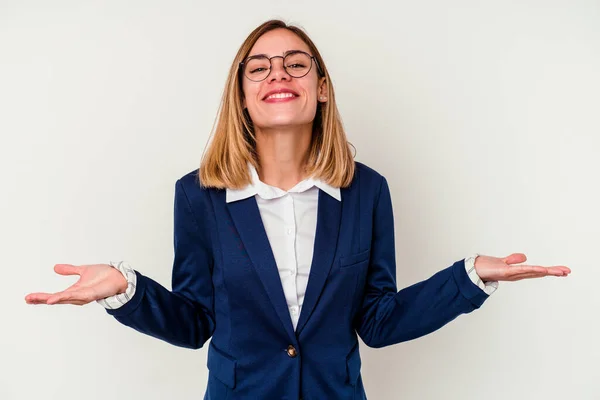 Young Business Caucasian Woman Isolated White Background Showing Welcome Expression — Stock Photo, Image