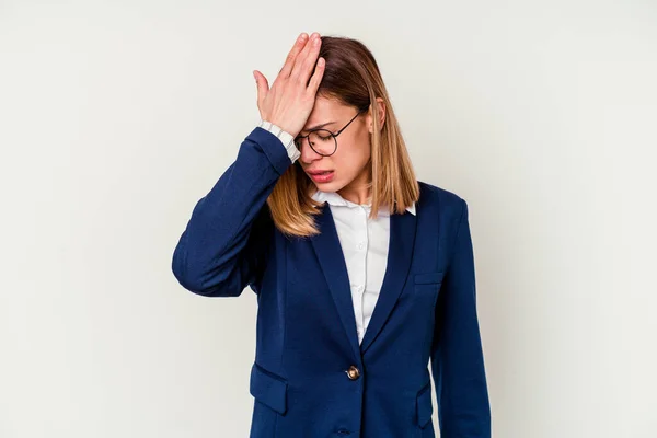 Unga Företag Kaukasisk Kvinna Isolerad Vit Bakgrund Glömma Något Slå — Stockfoto