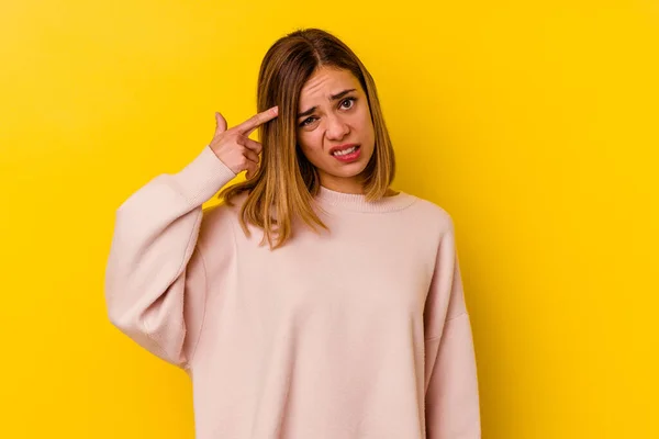 Young Caucasian Skinny Woman Isolated Yellow Background Showing Disappointment Gesture — Stock Photo, Image