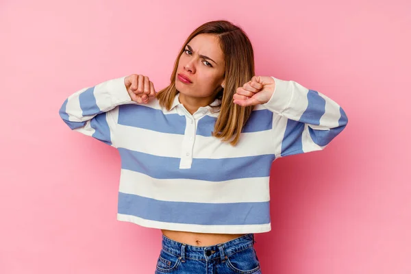 Young Caucasian Woman Isolated Pink Background Throwing Punch Anger Fighting — Stock Photo, Image