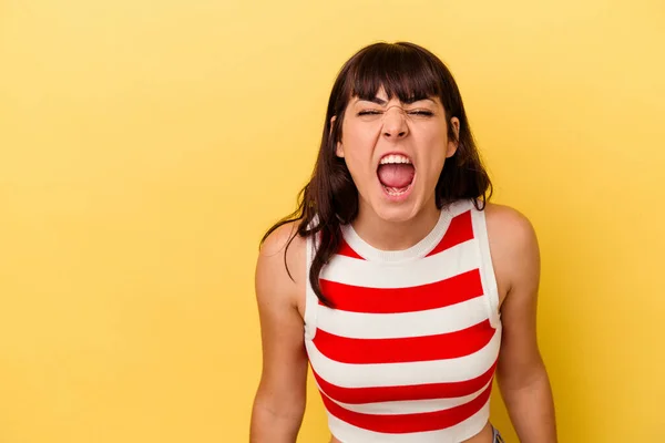 Young Caucasian Woman Isolated Yellow Background Shouting Very Angry Rage — Stock Photo, Image