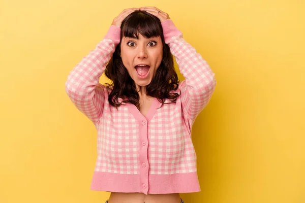 Young Caucasian Woman Isolated Yellow Background Screaming Very Excited Passionate — Stock Photo, Image