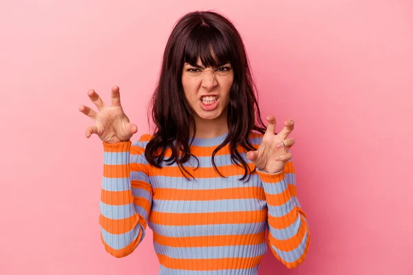 Young Caucasian Woman Isolated Pink Background Showing Claws Imitating Cat — Stock Photo, Image