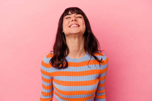 Young Caucasian Woman Isolated Pink Background Laughs Closes Eyes Feels — Stock Photo, Image