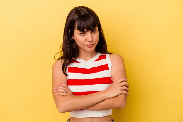 Young Caucasian Woman Isolated Yellow Background Frowning Face Displeasure Keeps — Stock Photo, Image