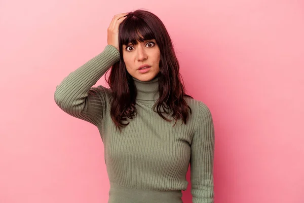 Young Caucasian Woman Isolated Pink Background Being Shocked She Has — Stock Photo, Image