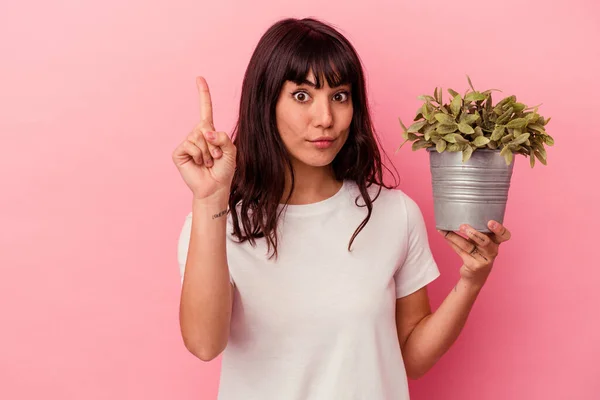 Jonge Blanke Vrouw Houden Een Plant Geïsoleerd Roze Achtergrond Tonen — Stockfoto