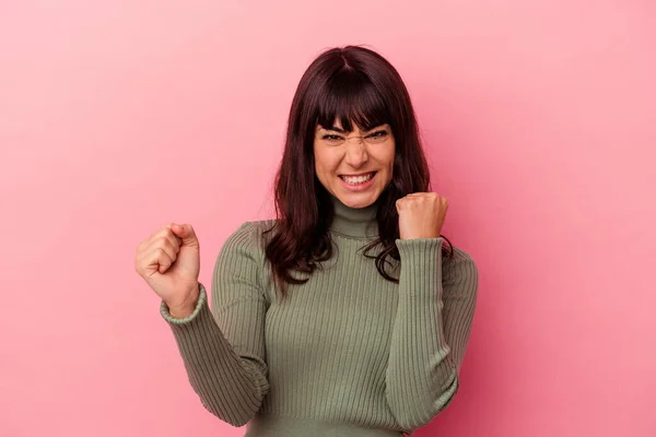 Young Caucasian Woman Isolated Pink Background Dancing Having Fun — Stock Photo, Image