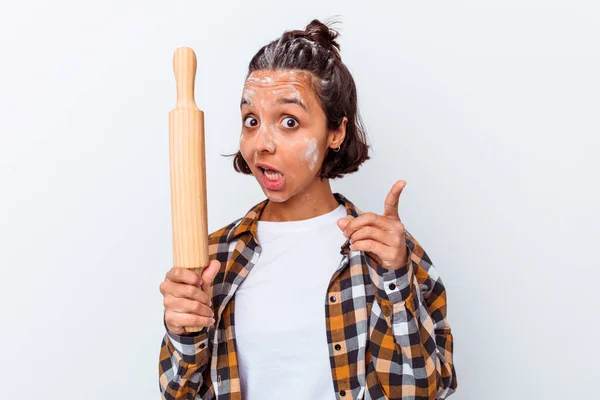 Young Mixed Race Woman Making Bread Isolated White Background Having — Stock Photo, Image