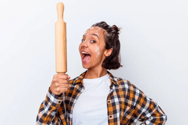 Young Mixed Race Woman Making Bread Isolated White Background — Stock Photo, Image