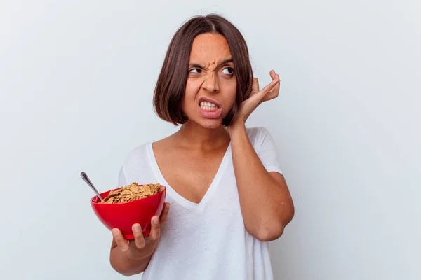 Young Mixed Race Woman Eating Cereals Isolated White Background Covering — Stock Photo, Image