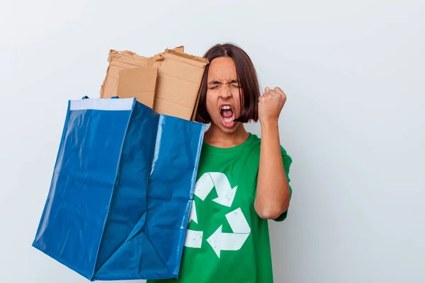 Young Mixed Race Woman Recycling Cardboard Isolated White Background Raising — Stock Photo, Image