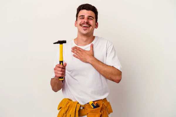 Jovem Homem Trabalhador Caucasiano Com Ferramentas Isoladas Fundo Branco Alto — Fotografia de Stock