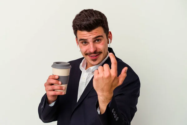 Young Business Caucasian Man Wearing Wireless Headphones Holding Take Way — Stock Photo, Image