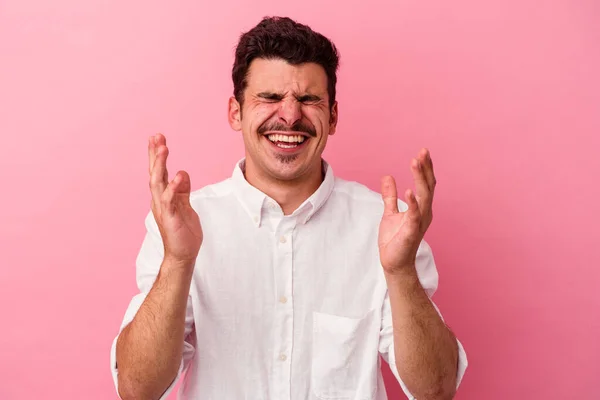 Young Caucasian Man Isolated Pink Background Joyful Laughing Lot Happiness — Stock Photo, Image