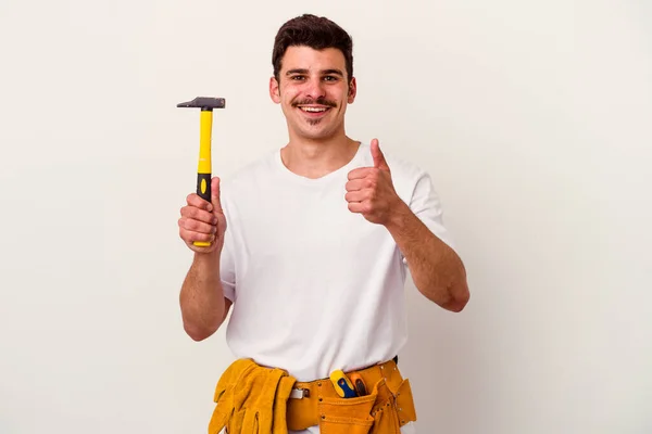 Jovem Homem Trabalhador Caucasiano Com Ferramentas Isoladas Fundo Branco Sorrindo — Fotografia de Stock