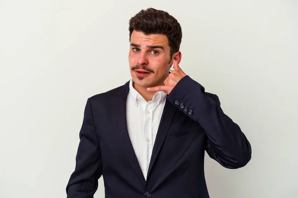 Jovem Homem Caucasiano Negócios Usando Fones Ouvido Sem Fio Isolado — Fotografia de Stock