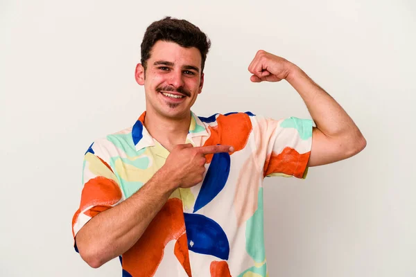 Young Caucasian Man Isolated White Background Showing Strength Gesture Arms — Stock Photo, Image