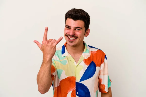 Young Caucasian Man Isolated White Background Showing Rock Gesture Fingers — Stock Photo, Image