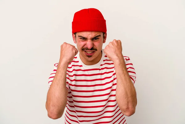 Young Caucasian Man Isolated White Background Upset Screaming Tense Hands — Stock Photo, Image