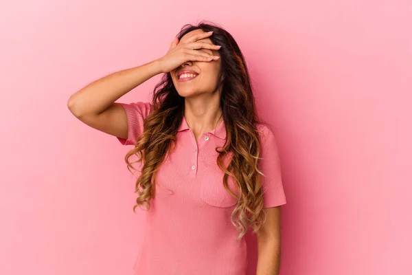Young Mexican Woman Isolated Pink Background Covers Eyes Hands Smiles — Stock Photo, Image