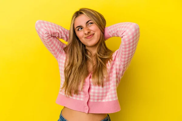 Young Blonde Caucasian Woman Isolated Yellow Background Suffering Neck Pain — Stock Photo, Image