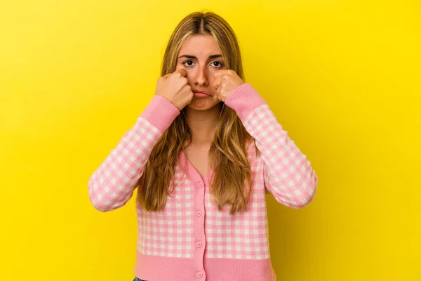 Young Blonde Caucasian Woman Isolated Yellow Background Whining Crying Disconsolately — Stock Photo, Image