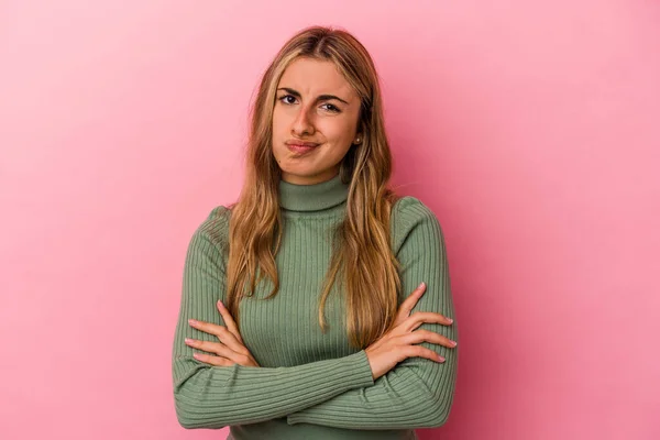 Young Blonde Caucasian Woman Isolated Pink Background Unhappy Looking Camera — Stock Photo, Image