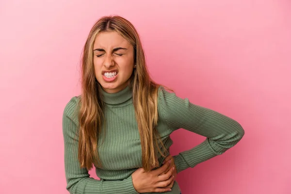 Young Blonde Caucasian Woman Isolated Pink Background Having Liver Pain — Stock Photo, Image